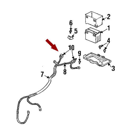 Схема расположения болта крепления провода АКБ Cadillac SRX | Кадиллак Срикс 07–08 года выпуска