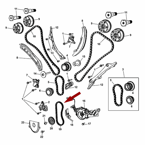 Схема расположения цепи приводной масляного насоса на Крайслере Таун Кантри 11–16 года выпуска