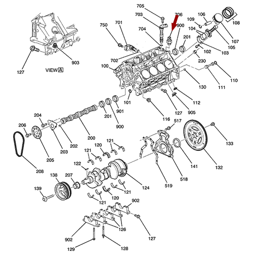 Схема расположения датчика давления масла на Шевроле Трейлблейзер 03–08 годов выпуска