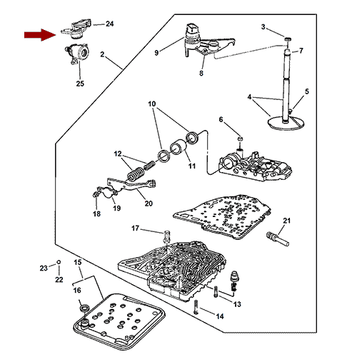 Схема расположения датчика давления АКПП Chrysler PT Cruiser | Крайслер ПТ Крузер 07–10 года выпуска