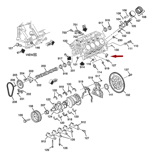 Схема расположения датчика детонации Chevrolet Trailblazer | Шевроле Трейлблейзер 05–09 года выпуска
