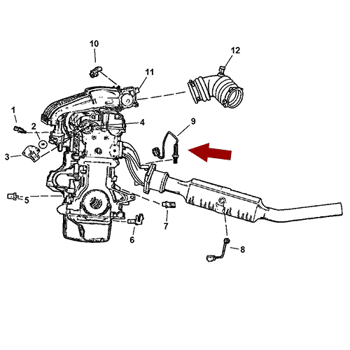 Схема расположения датчика кислорода до катализатора (лямбда зонда) на Крайслер Вояджер 2.4 литра