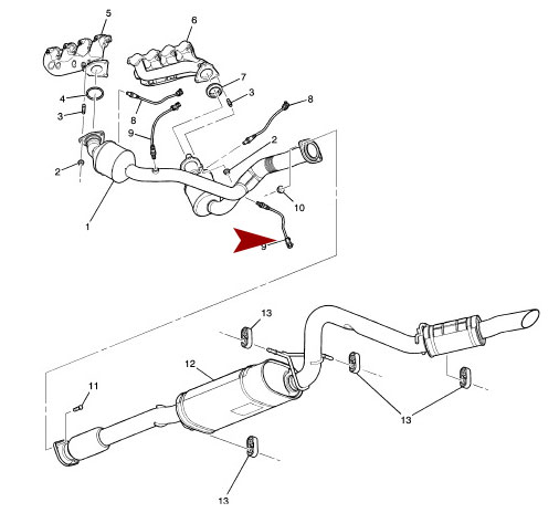 Схема расположения датчика кислорода нижнего (лямбда зонда) на Cadillac Escalade | Кадиллак Эскалейд 2007