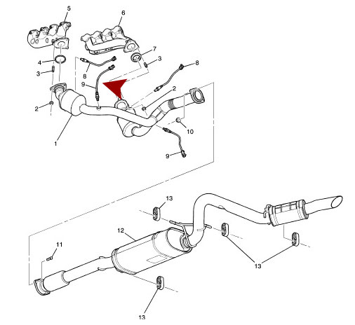 Схема расположения датчика кислорода после катализатора (лямбда зонд) на Chevrolet Tahoe | Шевроле Тахо 