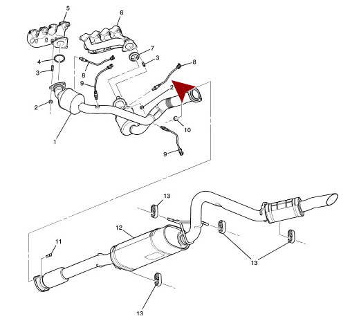 Схема расположения датчика кислорода верхнего (лямбда зонда) на Cadillac Escalade | Кадиллак Эскалейд