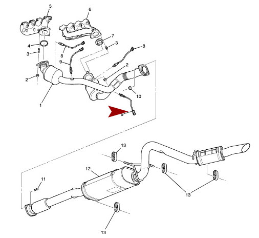 Схема расположения датчика кислорода (лямбда зонда) верхнего на Chevrolet Tahoe | Шевроле Тахо