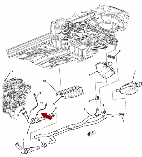 Схема расположения датчика кислорода (лямбда зонда) Chevrolet Camaro | Шевроле Камаро 10–11 года выпуска