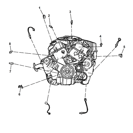 Схема расположения датчика температуры двигателя на Крайслере 300С (Ц) 08–17 года выпуска
