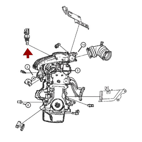 Схема расположения датчика температуры двигателя на Крайслере 300С (Ц) (05-07)