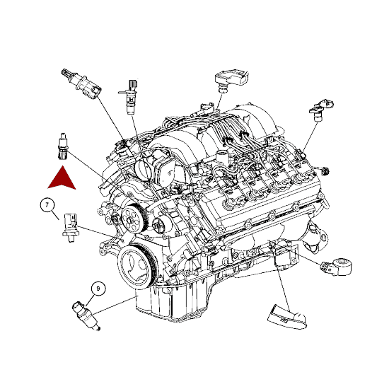 Схема расположения датчика температуры двигателя на Крайслере Таун Кантри 