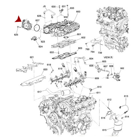 Схема расположения дроссельной заслонки на Кадиллак Срикс 10-15 годов выпуска