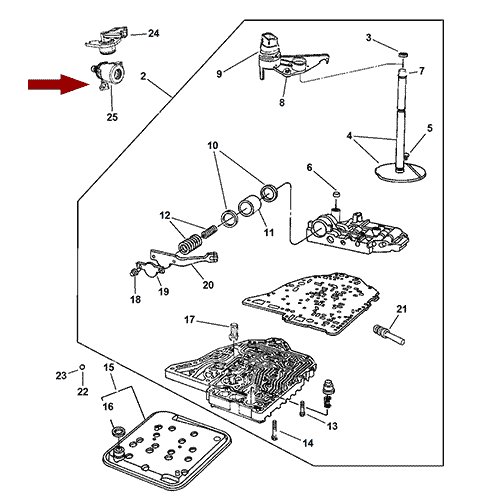 Схема расположения датчика давления АКПП Chrysler PT Cruiser | Крайслер Пт Крузер 07–10 года выпуска