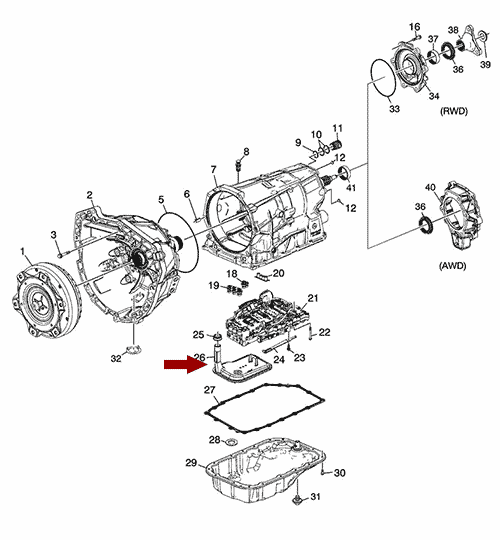 Схема расположения фильтра АКПП Cadillac CTS | Кадиллак ЦТС 14–15 года выпуска