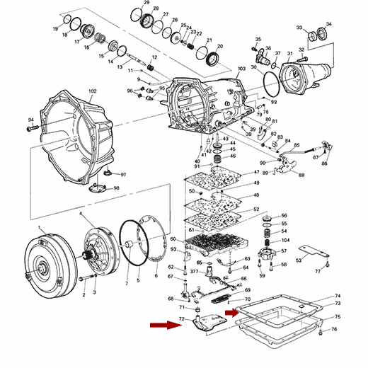 Схема расположения фильтра с прокладкой для АКПП на Chevrolet Tahoe | Шевроле Тахо 99–13 года выпуска