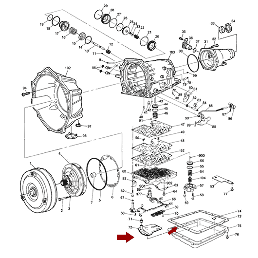 Схема расположения фильтра с прокладкой для Акпп на Chevrolet TrailBlazer | Шевроле Блейзер 02–09 года выпуска