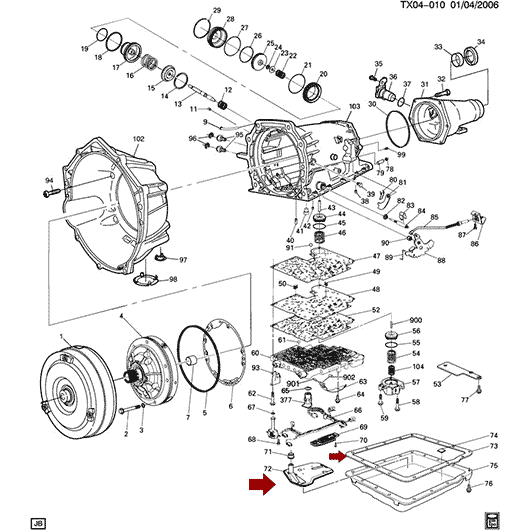 Схема расположения фильтра с прокладкой для Акпп на Chevrolet Blazer | Шевроле Блейзер 98–05 года выпуска