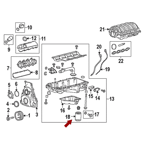 Схема расположения фильтра масляного на Кадиллак ЦТС 14–17 годов выпуска