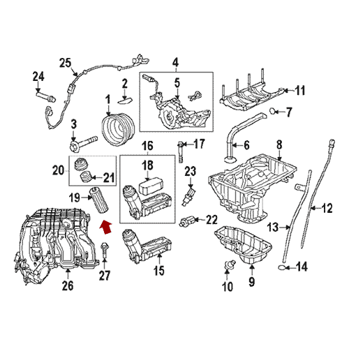 Схема расположения фильтра масляного на Крайслер 300Ц 3.6 л 11–13 года выпуска 
