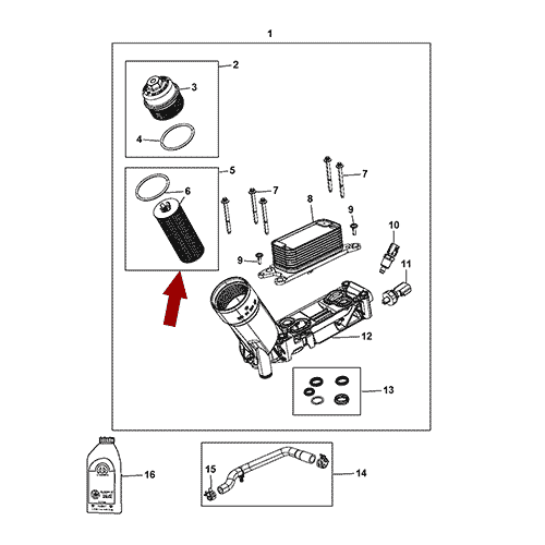 Схема расположения фильтра масляного на Chrysler Town & Country | Крайслер Таун Кантри 11–12 года выпуска