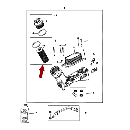 Схема расположения фильтра масляного на Крайслер Таун Кантри 3.6 л. 12–13 года выпуска 