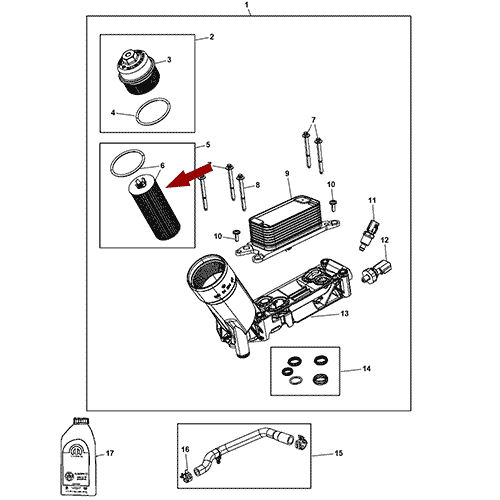 Схема расположения фильтра масляного на Крайслер Таун Кантри 14–16 года выпуска