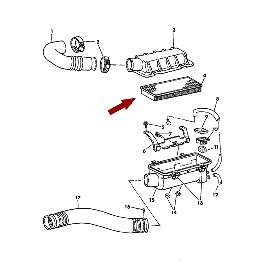 Схема расположения фильтра воздушного на Крайслере Таун Кантри 91-00 годов выпуска