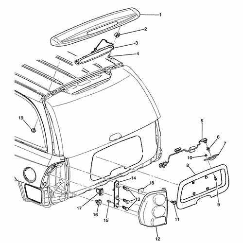 Схема расположения фонаря заднего правого Chevrolet TrailBlazer | Шевроле Трейлблейзер 02–09 года выпуска