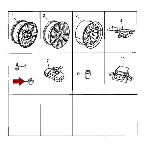 Схема расположения гайки колесной Chrysler Aspen | Крайслер Аспен 07–09 года выпуска
