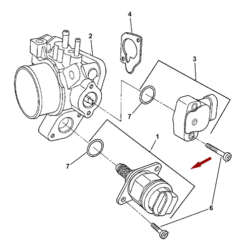 Схема расположения клапана электромагнитного (датчика холостого хода) Chrysler Town Country | Крайслер Таун Кантри 01–07 года выпуска