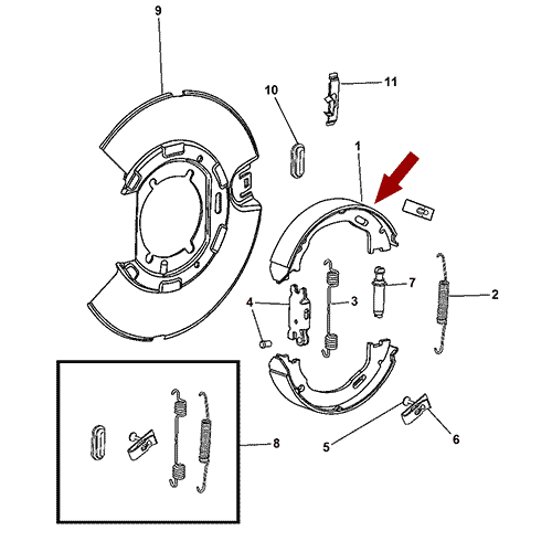 Схема расположения колодок тормозных барабанных на Крайслере 300С Ц 05–18 года выпуска