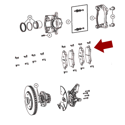 Схема расположения дисковых тормозных колодок передних на Крайслере Таун Кантри 08-10 годов выпуска