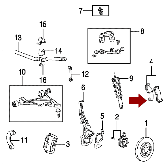 Схема расположения передних тормозных колодок на Кадиллаке Цтс 06-07 годов выпуска