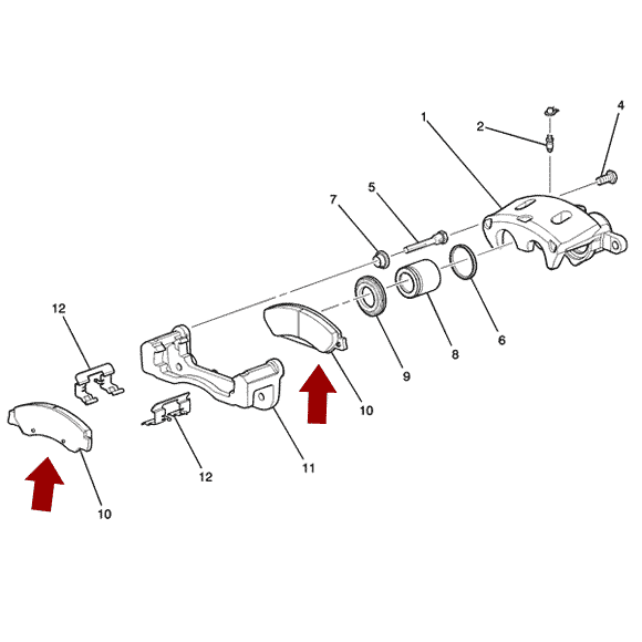 Схема расположения передних тормозных колодок на Cadillac Escalade | Кадиллаке Эскалейд 02-06 годов выпуска