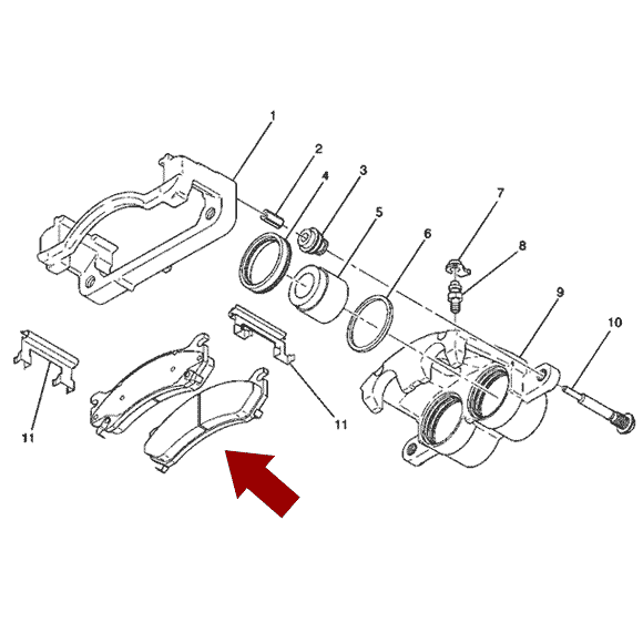 Схема расположения передних тормозных колодок на Cadillac Escalade 
| Кадиллаке Эскалейд 03-06 годов выпуска