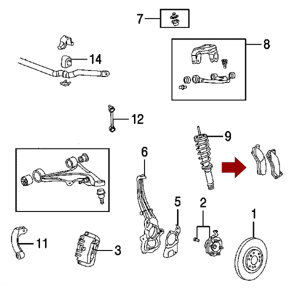 Схема расположения передних тормозных колодок на Кадиллаке Срикс 04-09 годов выпуска