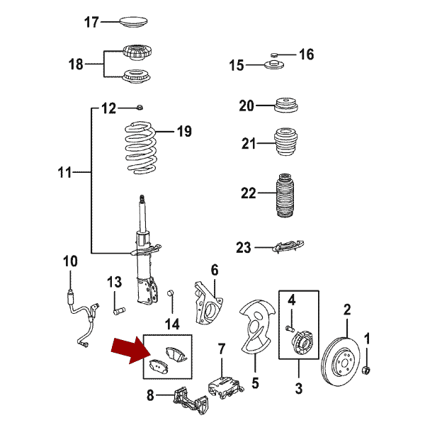 Схема расположения тормозных колодок передних на Кадиллаке Срикс 10-16 годов выпуска