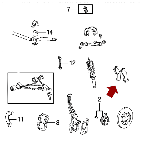 Схема расположения передних тормозных колодок на Кадиллаке Стс 05-07 годов выпуска