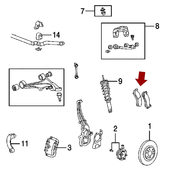 Схема расположения передних тормозных колодок на Кадиллаке Стс 05-07 годов выпуска