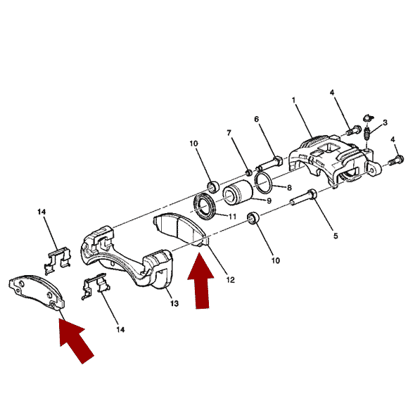 Схема расположения тормозных колодок передних на Chevrolet Trailblazer | Шевроле Трейлблейзер 02-05 годов выпуска