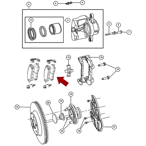 Схема расположения задних тормозных колодок на Крайслере 300С (Ц) 04-13 годов выпуска