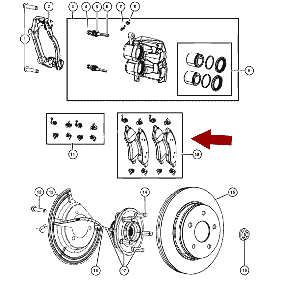 Схема расположения передних тормозных колодок на Крайслере Аспен 07-09 годов выпуска