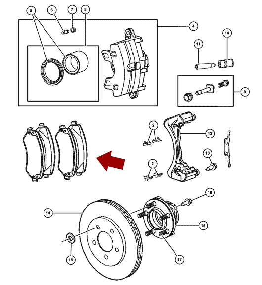 Схема расположения тормозных колодок передних на Крайслере Таун Кантри 01-07 годов выпуска