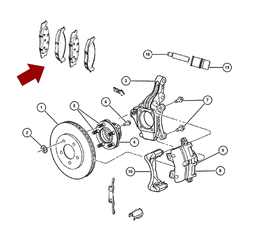 Схема расположения колодок тормозных передних на Крайслер Вояджер 01-07 годов выпуска