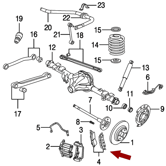 Схема расположения тормозных колодок дисковых задних на Cadillac Escalade | Кадилаке Эскалейд 07-14 годов выпуска