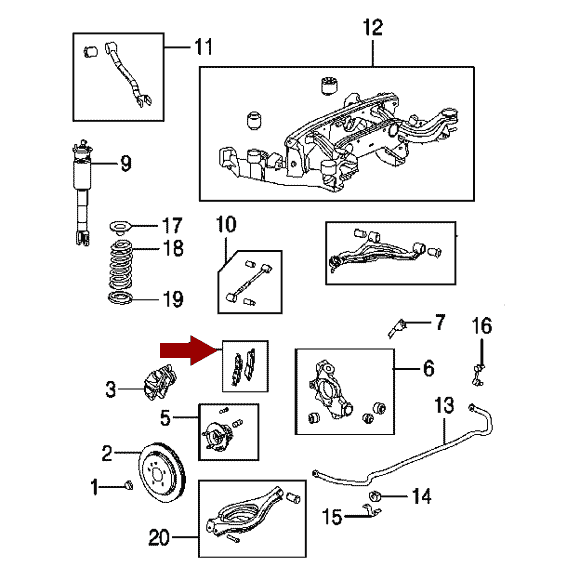Схема расположения задних тормозных колодок на Кадиллаке Срикс 04-09 годов выпуска