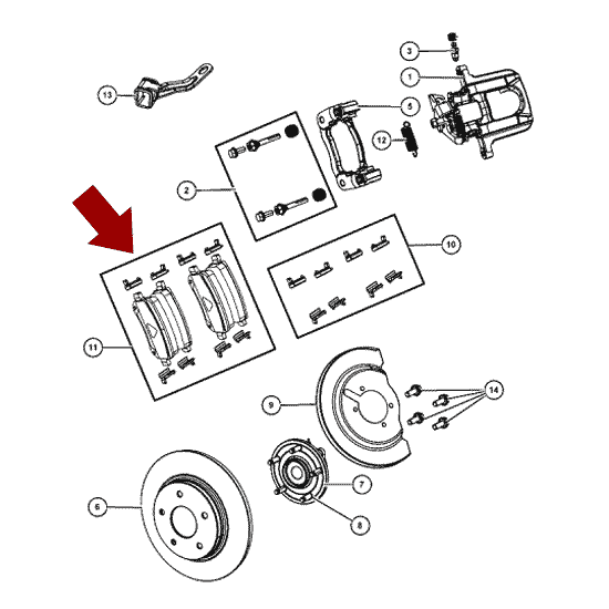 Схема расположения тормозных колодок задних на Крайслере Таун Кантри 08-12 г. выпуска