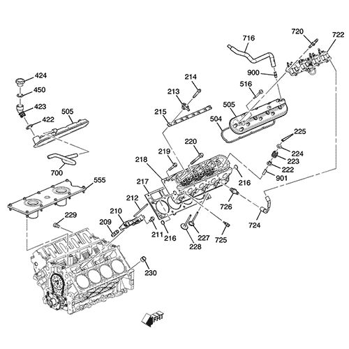 Схема расположения верхних прокладок двигателя Chevrolet Avalanche | Шевроле Аваланч 04–06 года выпуска