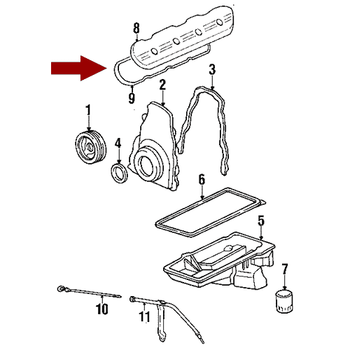 Схема расположения комплекта прокладок клапанной крышки на Кадиллаке Эскалейд 02–14 года выпуска