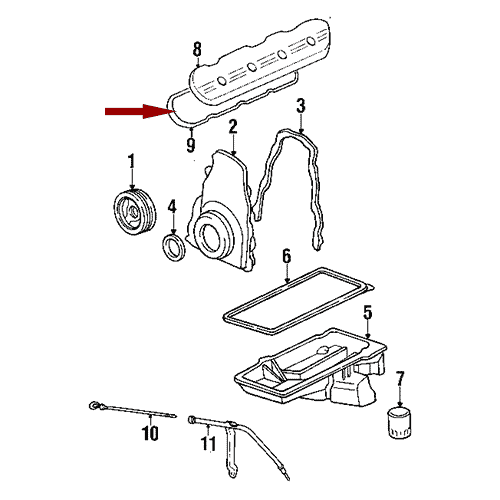 Схема расположения комплекта прокладок клапанной крышки на Кадиллак Эскалейд 02–14 года выпуска