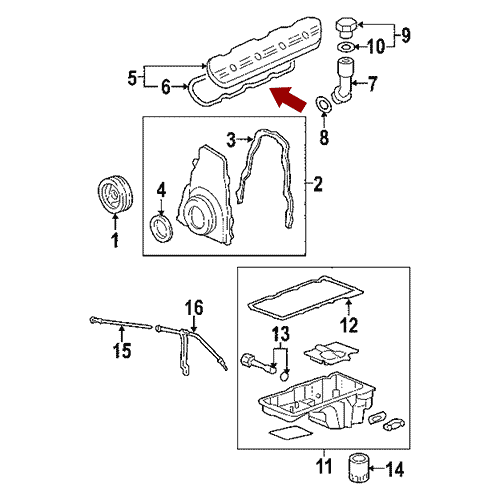 Схема расположения комплекта прокладок клапанной крышки на Шевроле Аваланч 07–13 года выпуска
